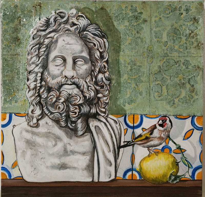 Francesco Connola Painting of a still life featuring a classical bust featuring a bird perched on a lemon