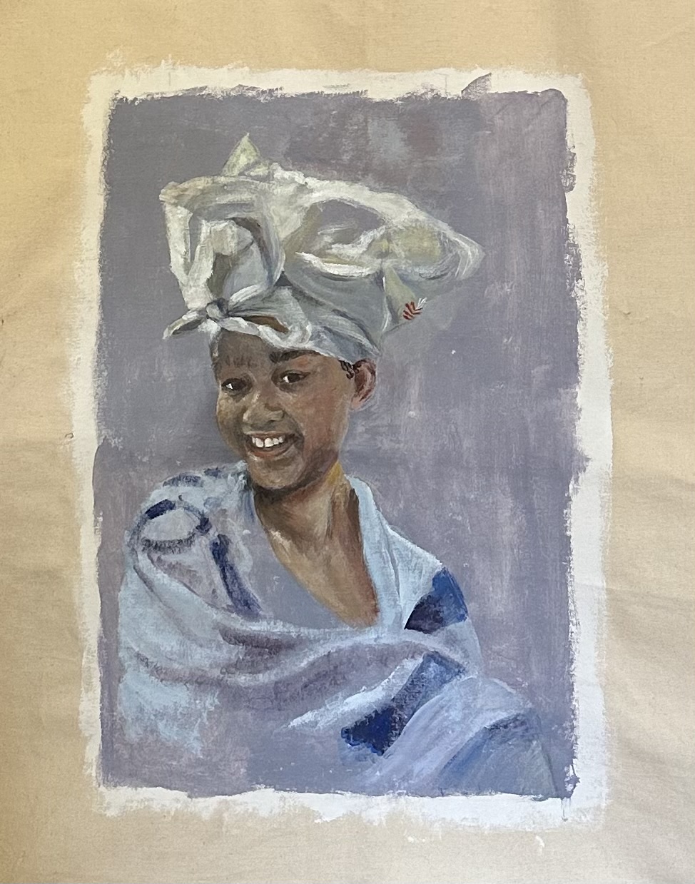 A Portrait painting of a child  with a whie cloth towel on their head by Jenny Kirner