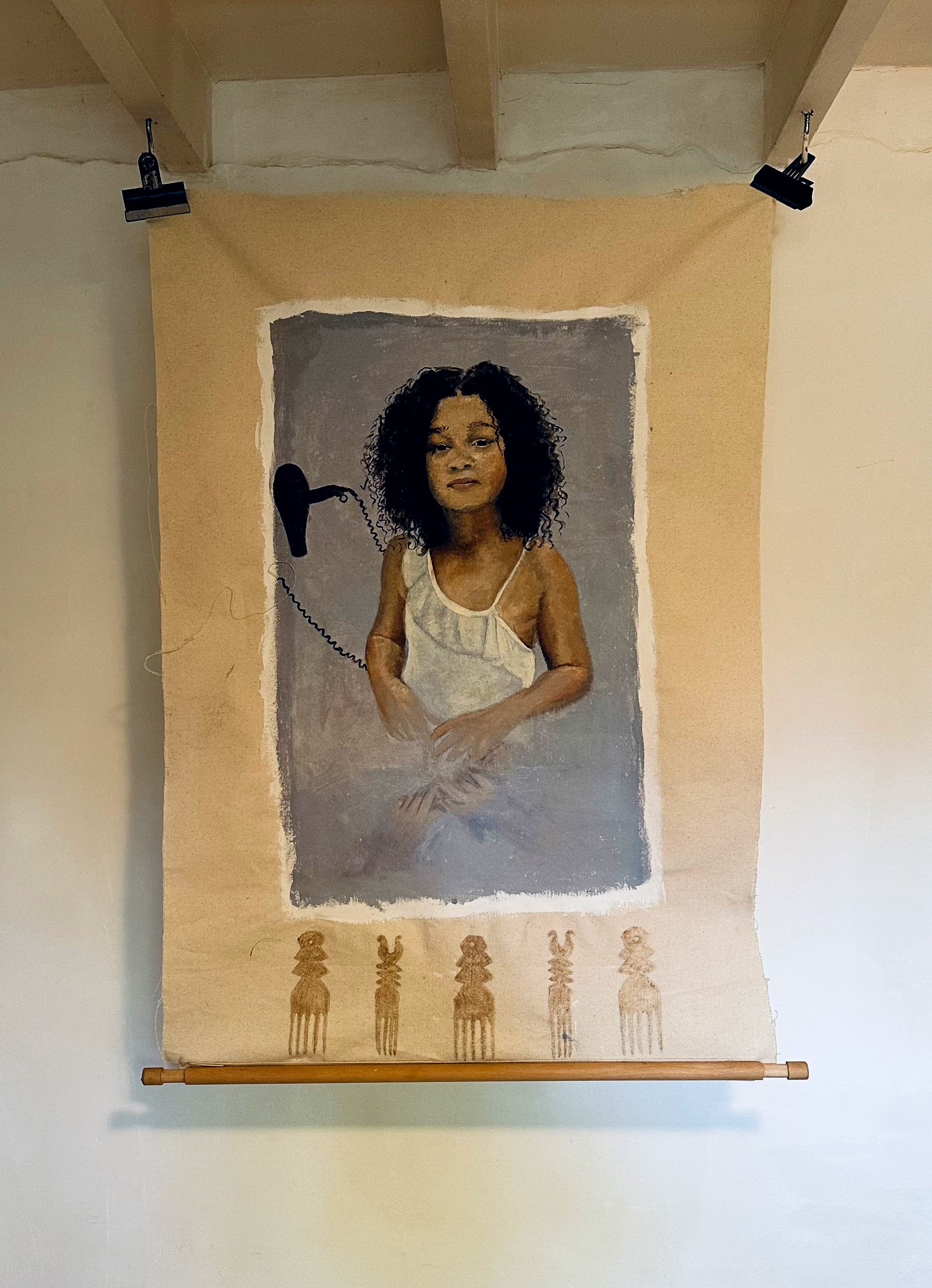 A Portrait painting of a child  with a hairdryer by Jenny Kirner