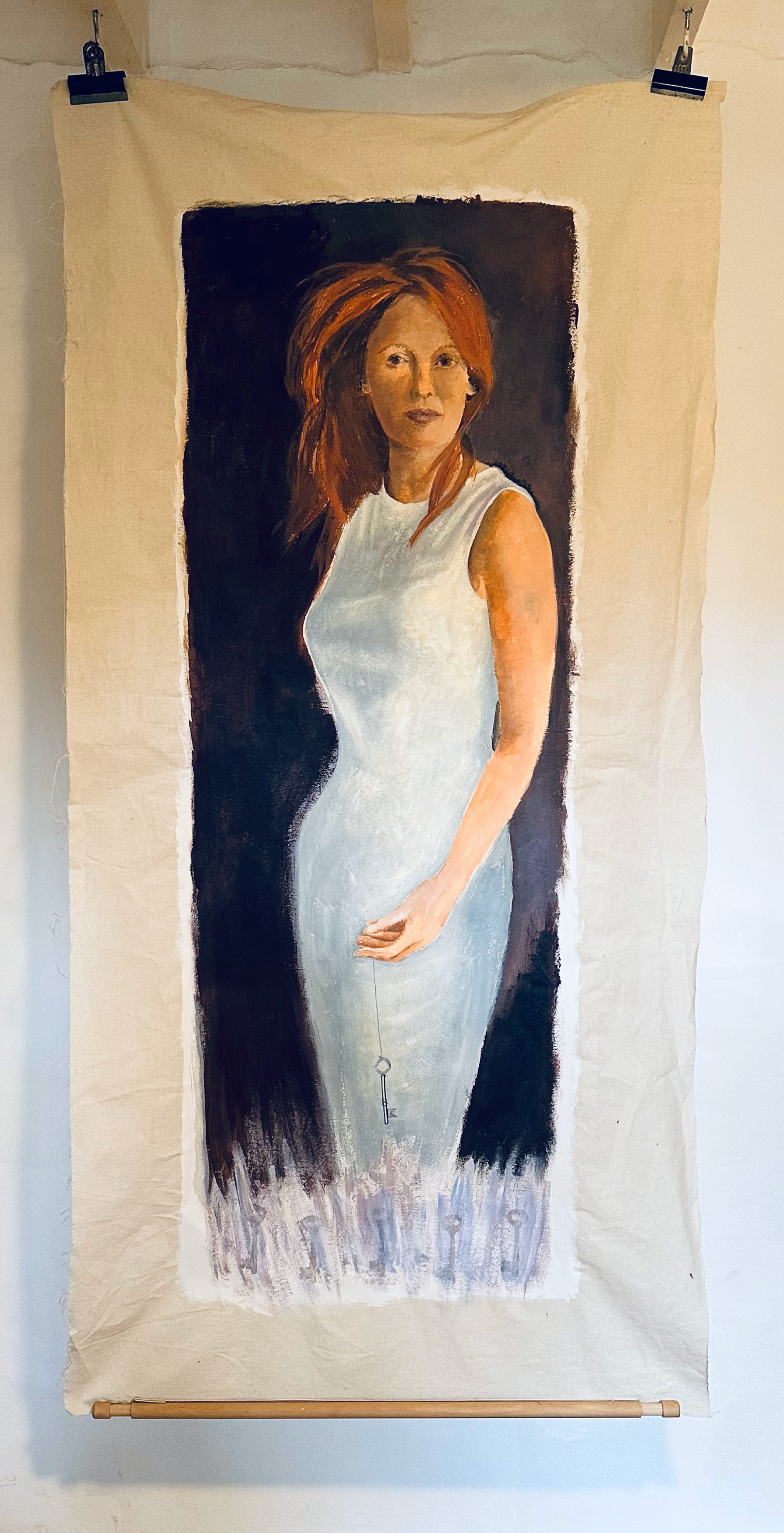 A  painting of a full length picture od a Woman in a white dress holding a key by Jenny Kirner