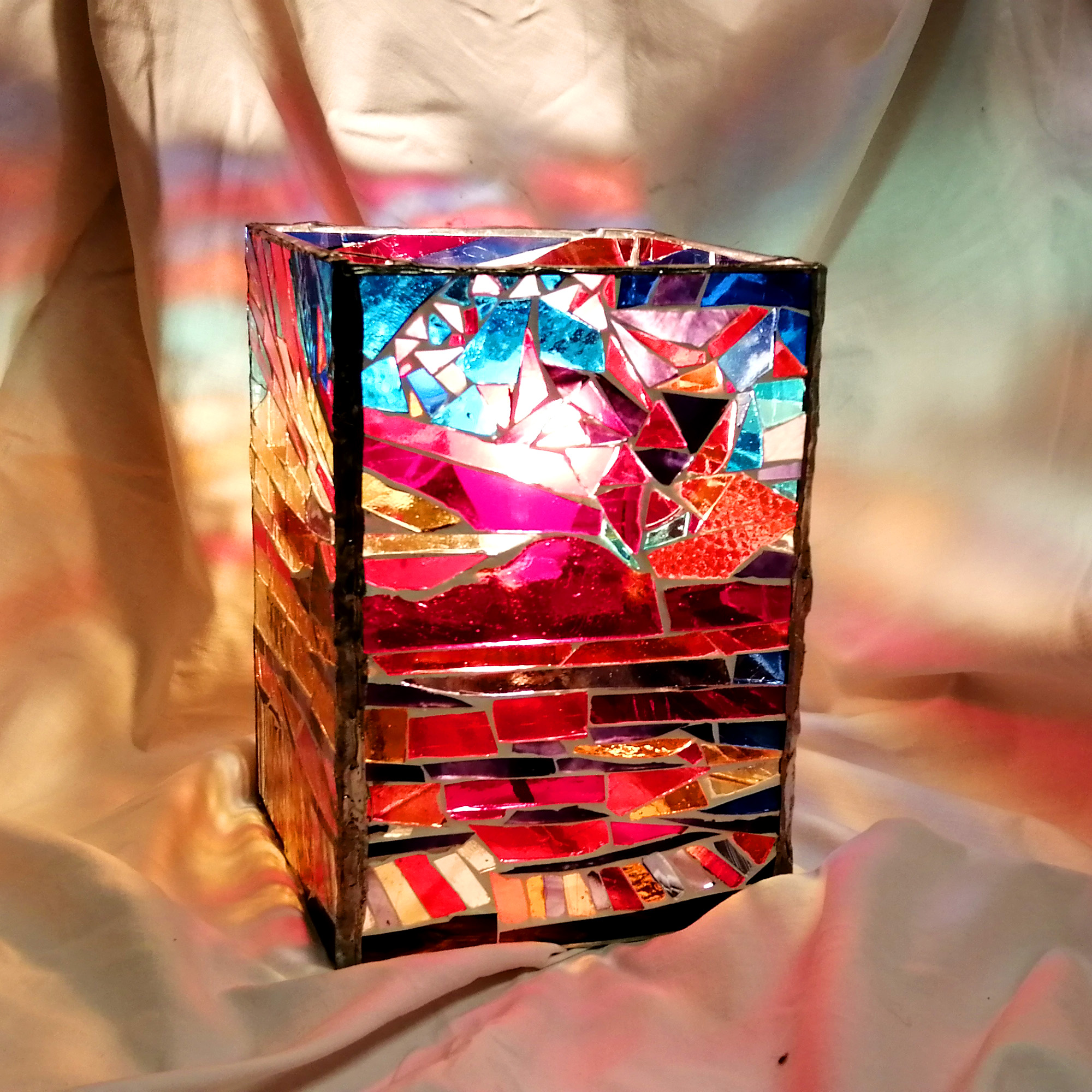  Colourful stained glass Lamp, Edgy abstract geometric landscape, by Glass Artist Jill Fordham 