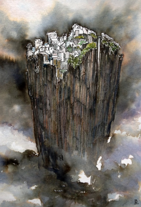 Village on a cliff perched on the Edge, Water colour of and pen  By Artist Lesley Rumble